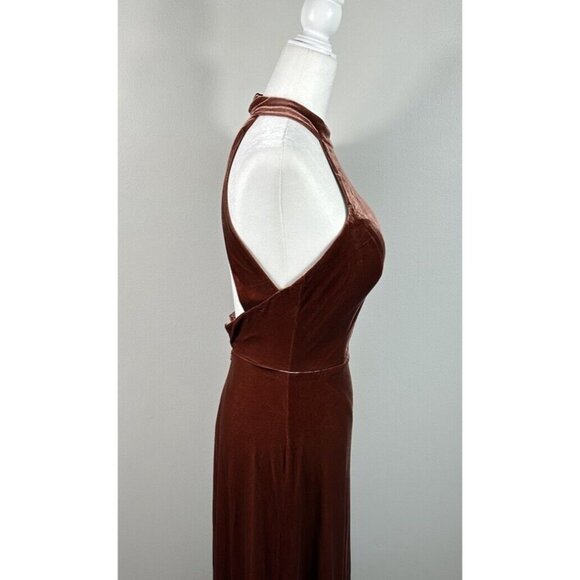 Revelry Dress Womens 4 Terracotta Velvet Tori Halter Maxi Bridesmaid Formal - Picture 2 of 11